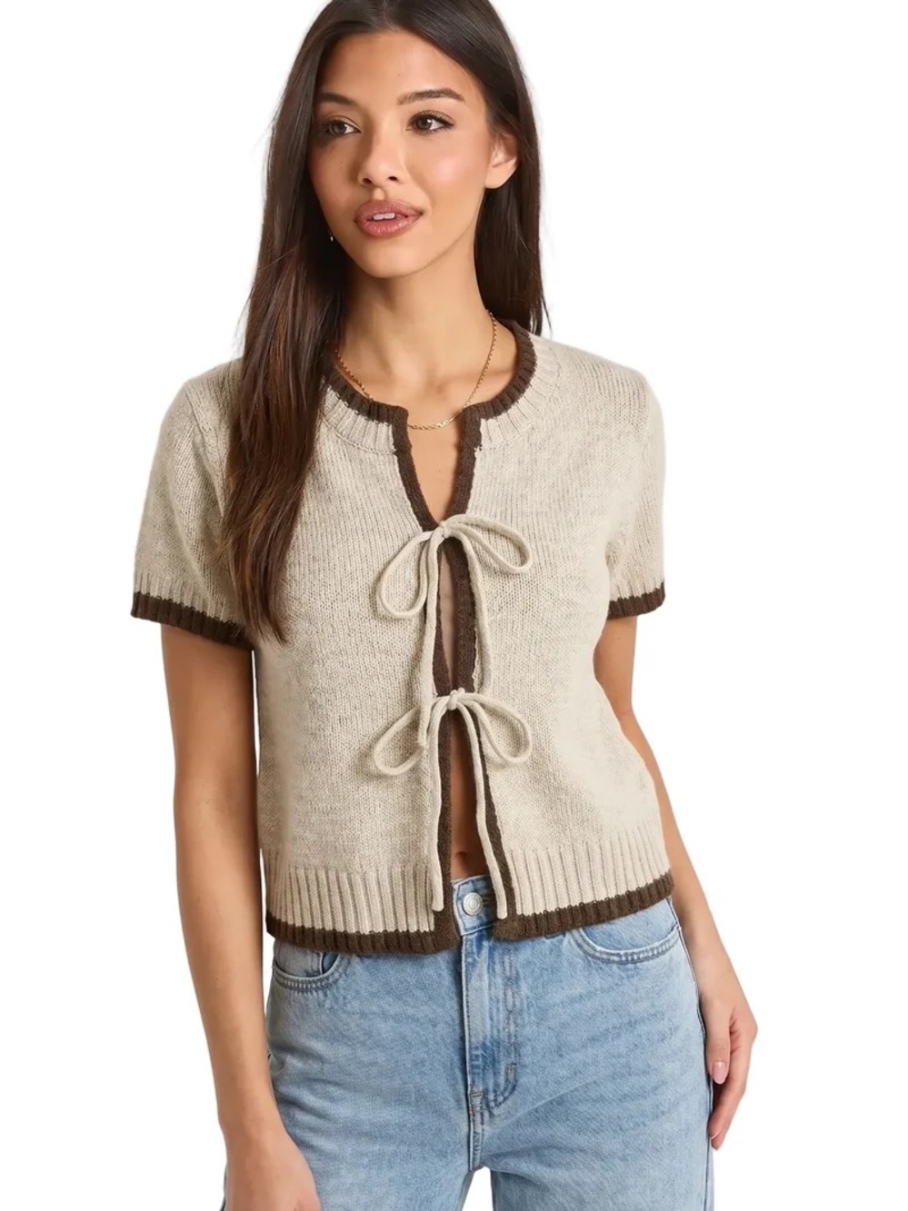 Beige Short-Sleeve Tie-Front Knit Sweater